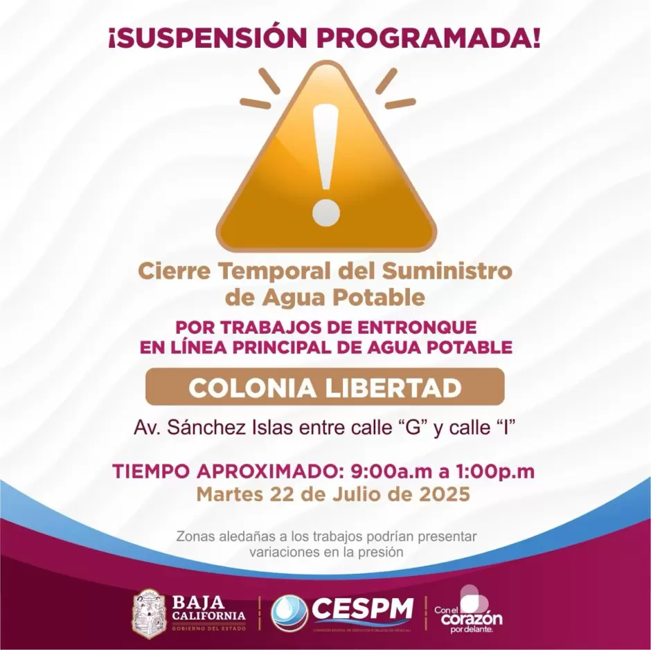 Cierres programados de agua potable en distintas zonas de Mexicali y su valle