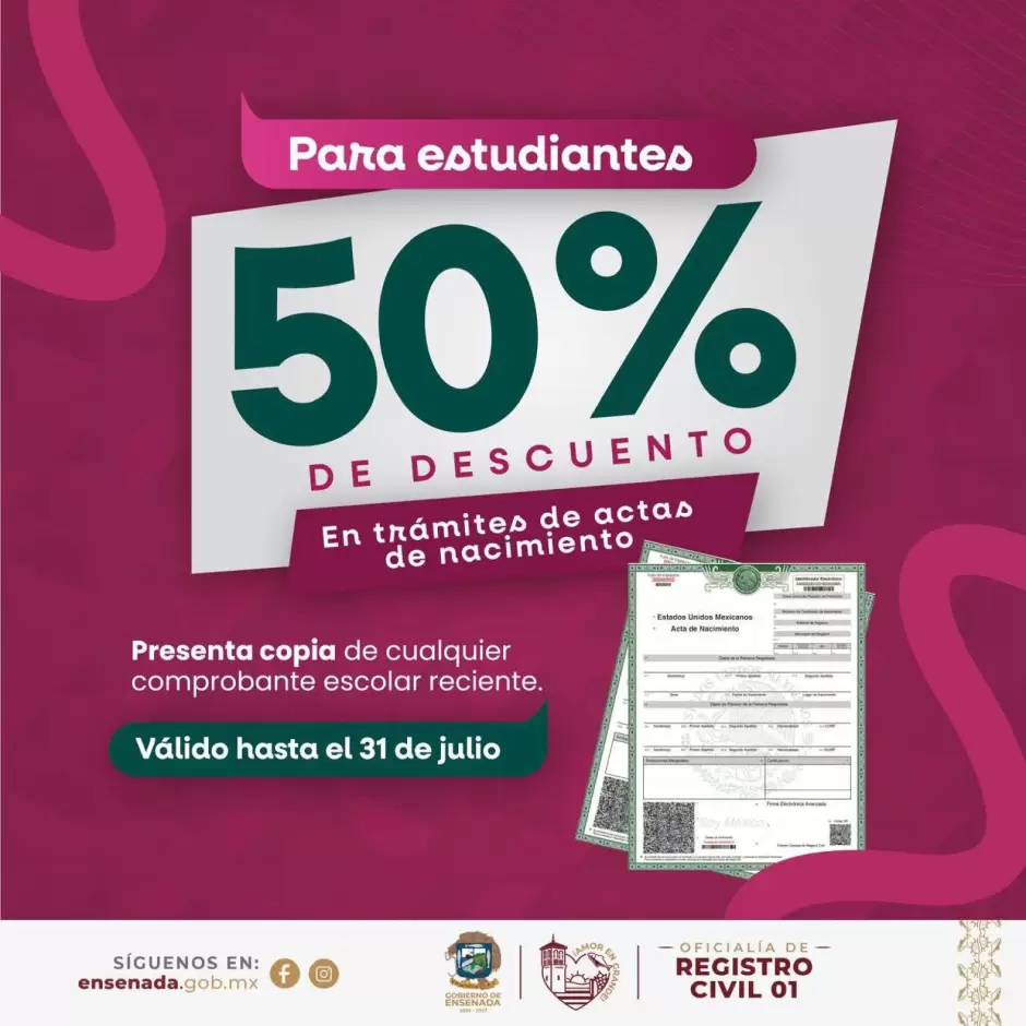 Descuento en actas de nacimiento para estudiantes