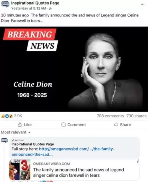 Noticia falsa sobre Cline Dion
