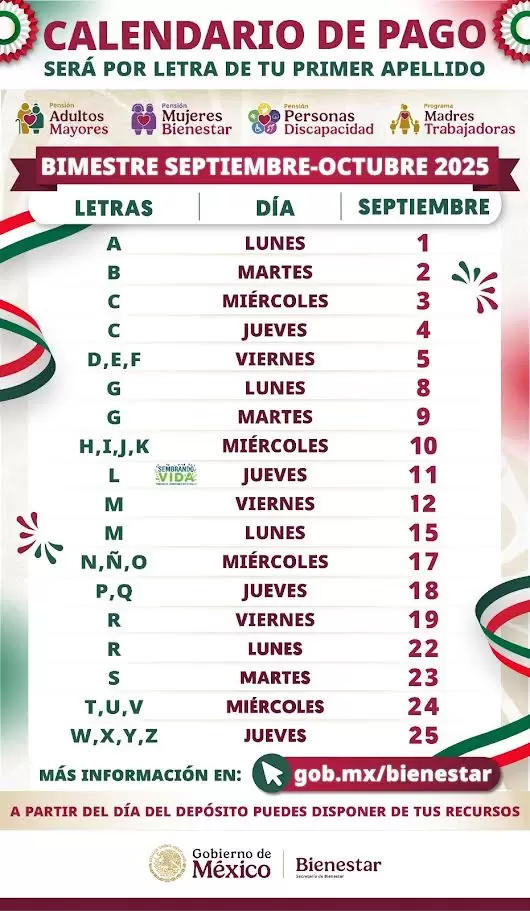 Calendario de pagos de Pensiones Bienestar septiembre-octubre