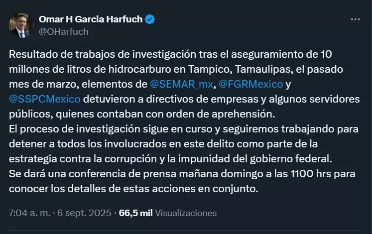 Publicación de Omar García Harfuch