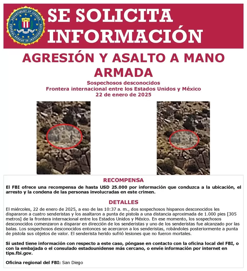 Recompensa por atacantes que dispararon a senderistas cerca de la frontera