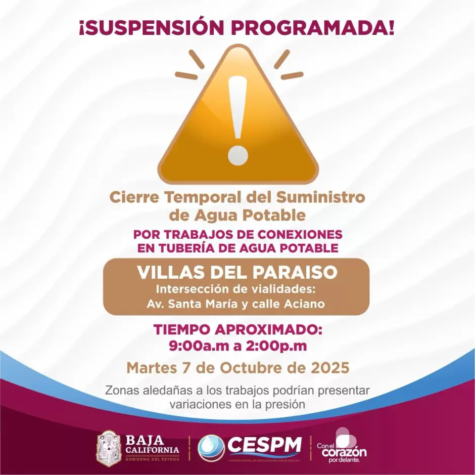 Cierres temporales del servicio de agua potable en Jardines del Lago y Villas del Paraso