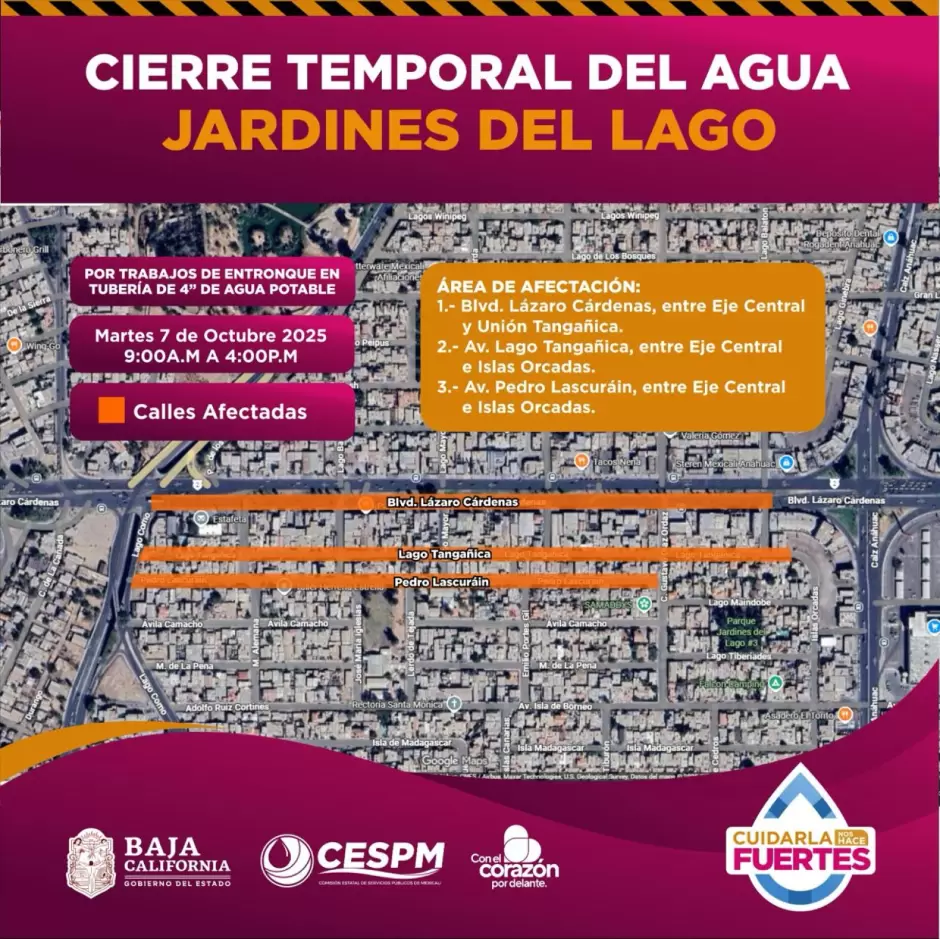 Cierres temporales del servicio de agua potable en Jardines del Lago y Villas del Paraso