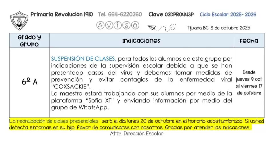 Suspensin de clases en BC por brote del virus coxsackie