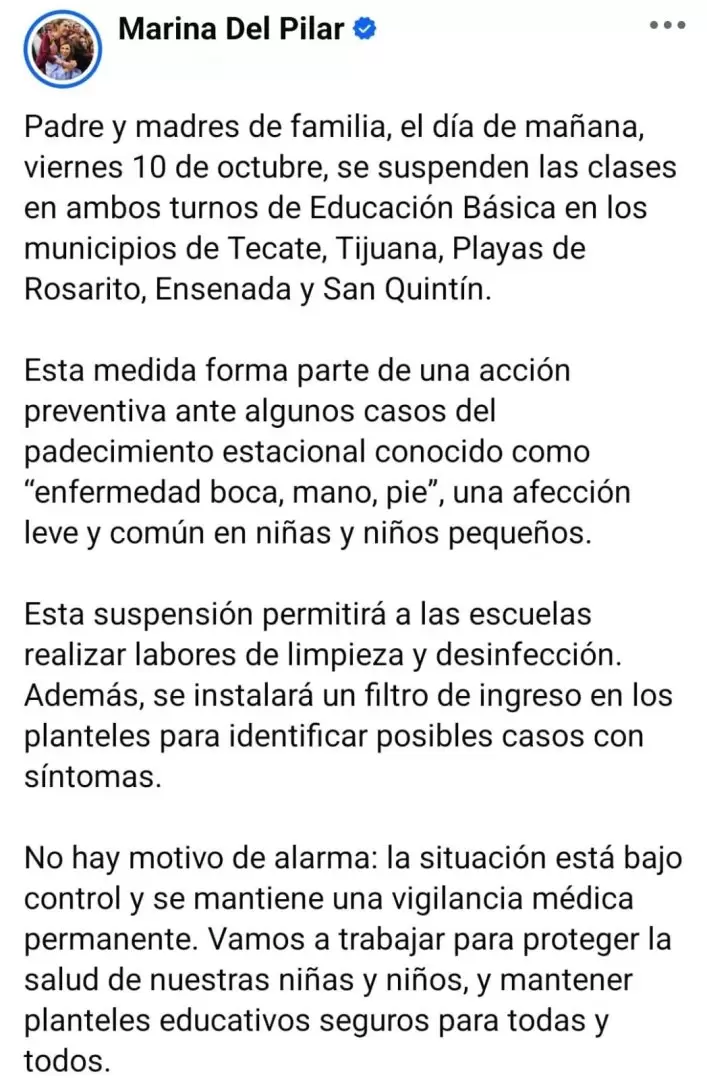 Suspensin de clases en BC por brote del virus coxsackie