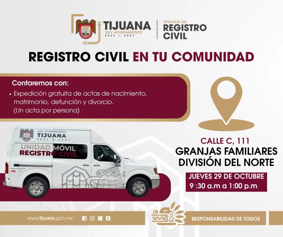 Servicio gratuito de expedicin de actas a colonia Granjas Familiares