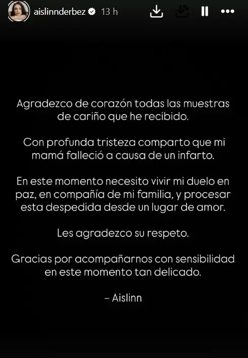 Aislinn Derbez confirma el fallecimiento de su madre.