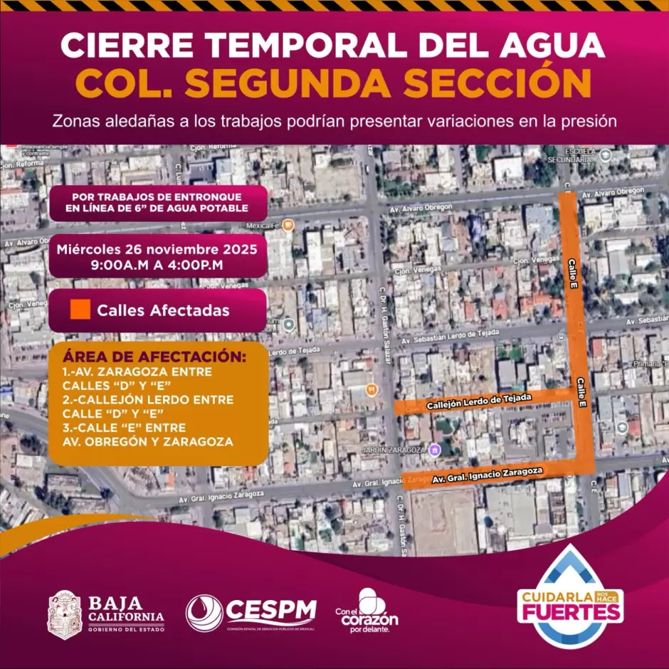 Cierres temporales de agua en Pueblo Nuevo, Segunda Seccin y San Felipe por trabajos de mejora