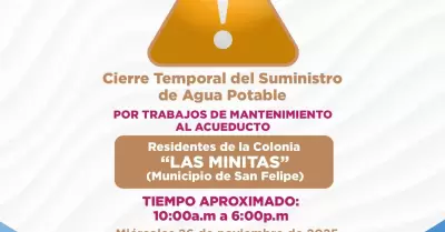 Cierres temporales de agua en Pueblo Nuevo, Segunda Seccin y San Felipe por tra
