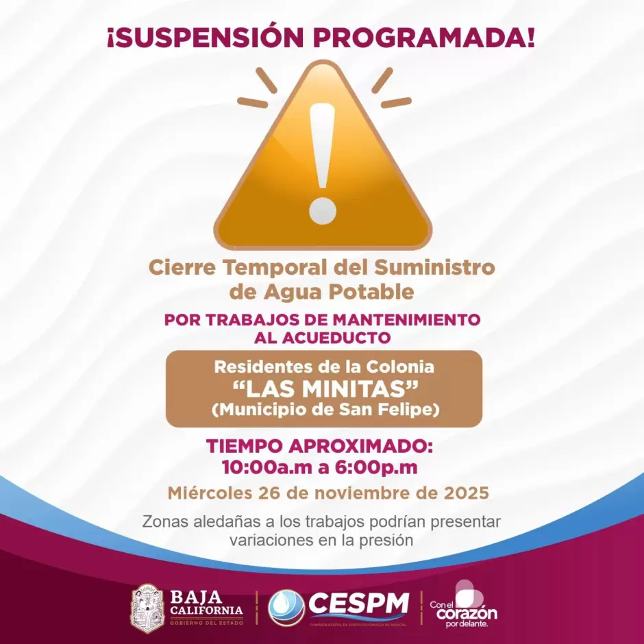 Cierres temporales de agua en Pueblo Nuevo, Segunda Seccin y San Felipe por trabajos de mejora