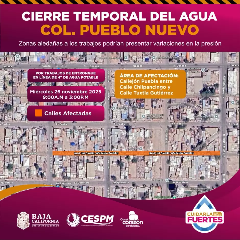 Cierres temporales de agua en Pueblo Nuevo, Segunda Seccin y San Felipe por trabajos de mejora