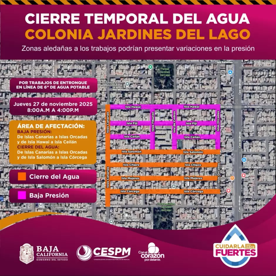 Cierre temporal del servicio de agua en Jardines del Lago