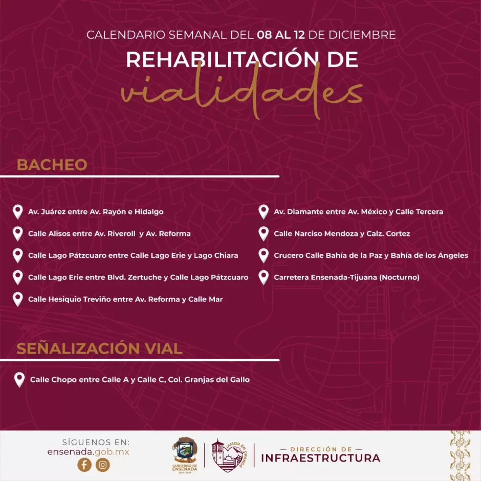 Bacheo estratégico en nueve vialidades de Ensenada