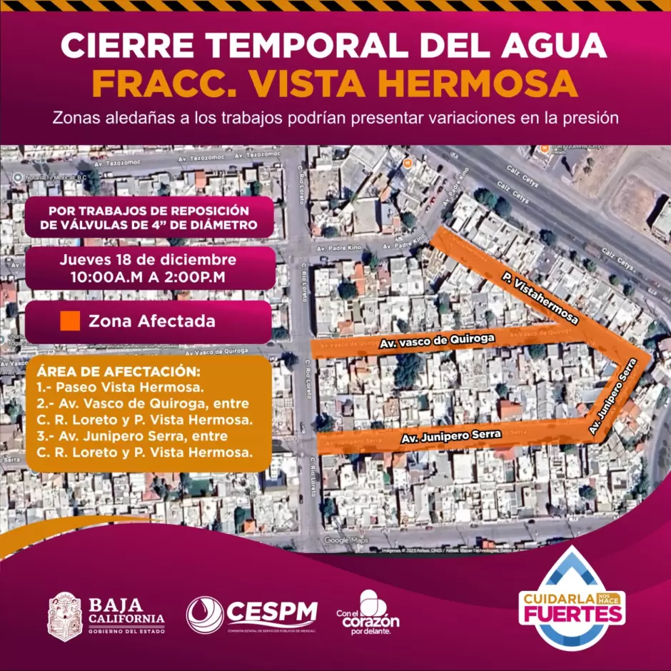 Corte temporal de agua en Vista Hermosa por trabajos de reposici�n y cierre vial