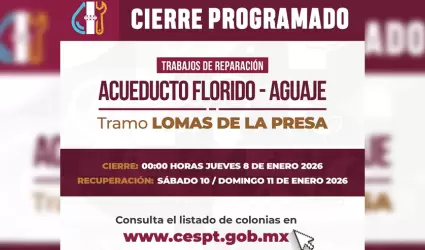 Suspensi�n de suministro de agua en 691 colonias por trabajos en el acueducto Fl