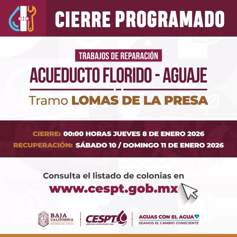 Suspensi�n de suministro de agua en 691 colonias por trabajos en el acueducto Florido-Aguaje