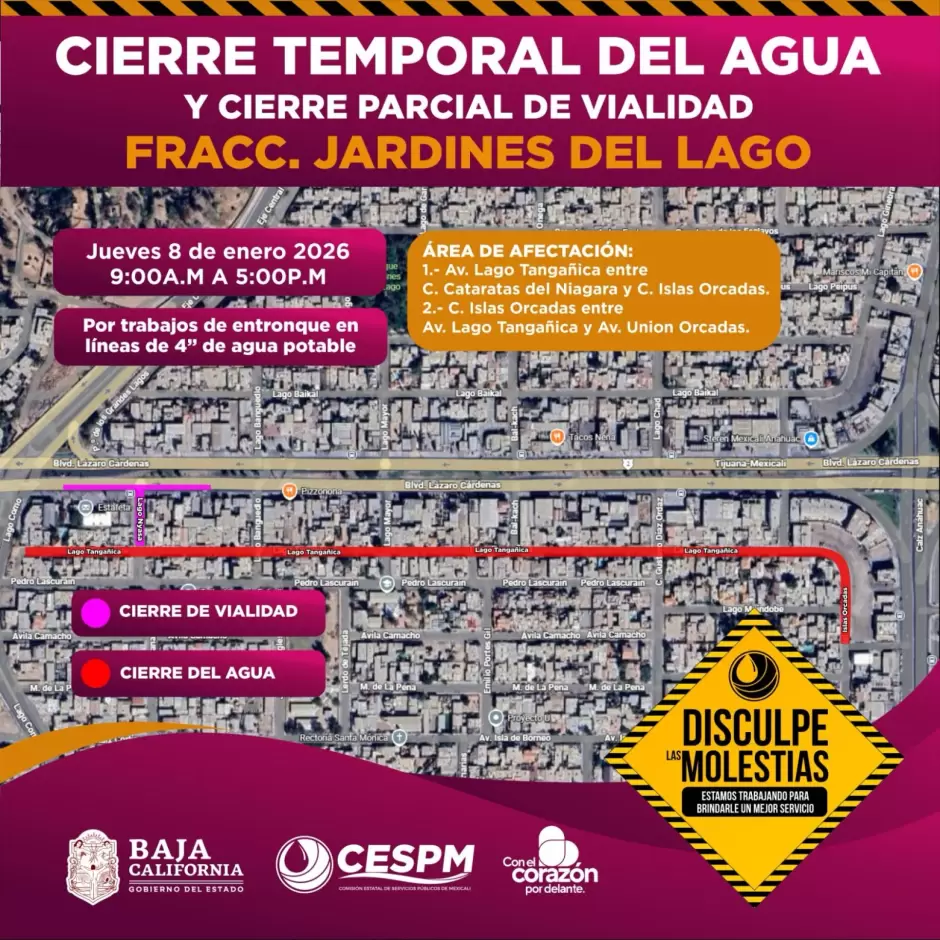 Cierre temporal del agua y cierre parcial de vialidad en Jardines del Lago