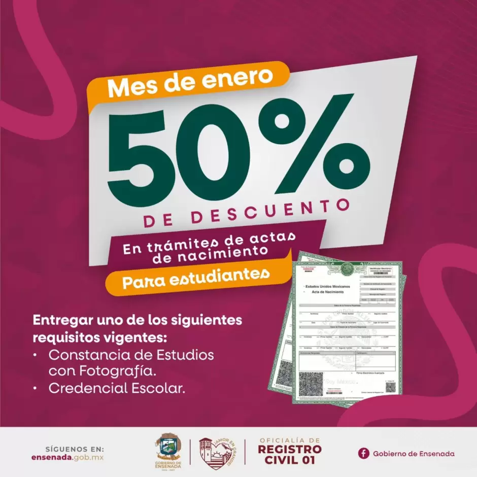 Descuento en actas de nacimiento para estudiantes