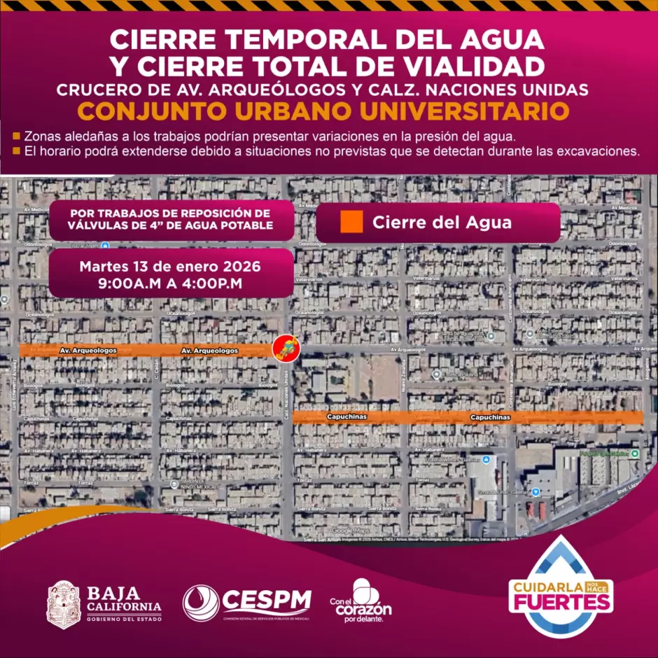 Cierres temporales de agua potable y vialidades en distintas colonias de Mexicali