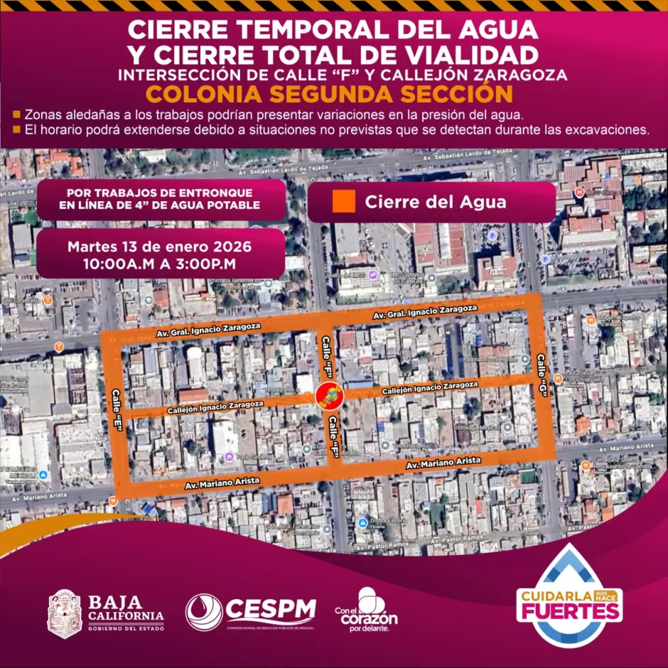 Cierres temporales de agua potable y vialidades en distintas colonias de Mexicali