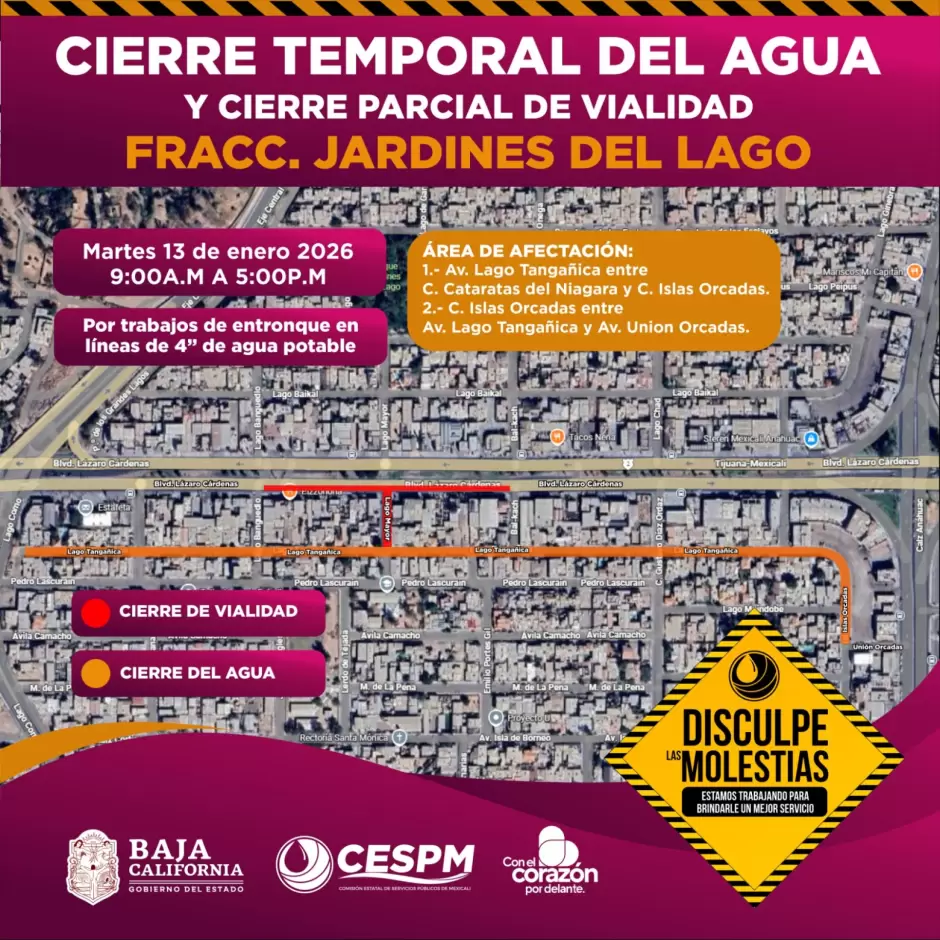 Cierres temporales de agua potable y vialidades en distintas colonias de Mexicali