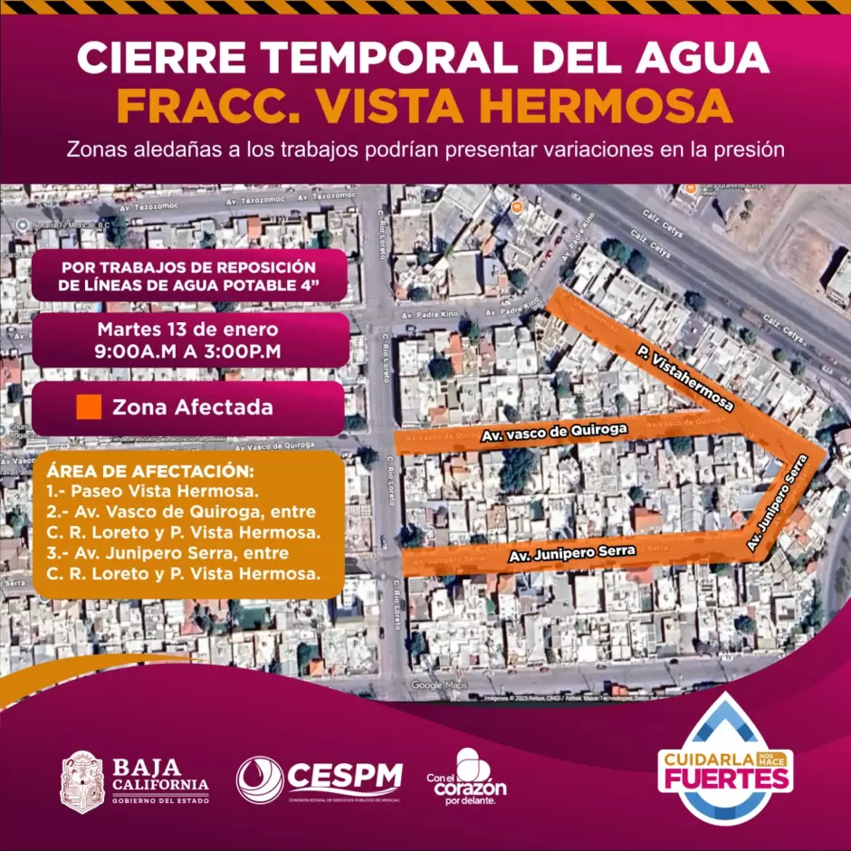 Cierres temporales de agua potable y vialidades en distintas colonias de Mexicali