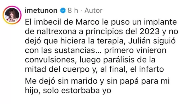 Imelda Tu��n culpa a Marco Chac�n de la muerte de Juli�n Figueroa