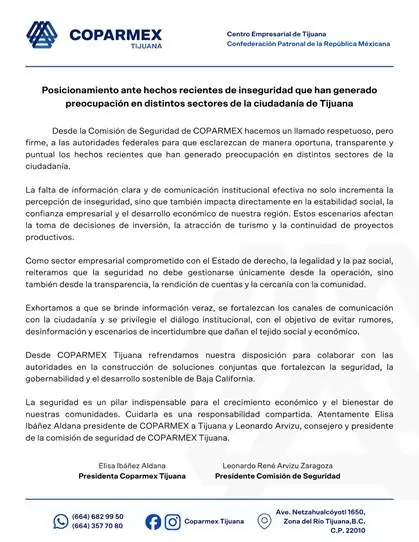 Pide Coparmex esclarecer hechos de inseguridad que azotan a Tijuana