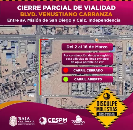 CESPM anuncia cierre parcial de vialidad en bulevar Venustiano Carranza