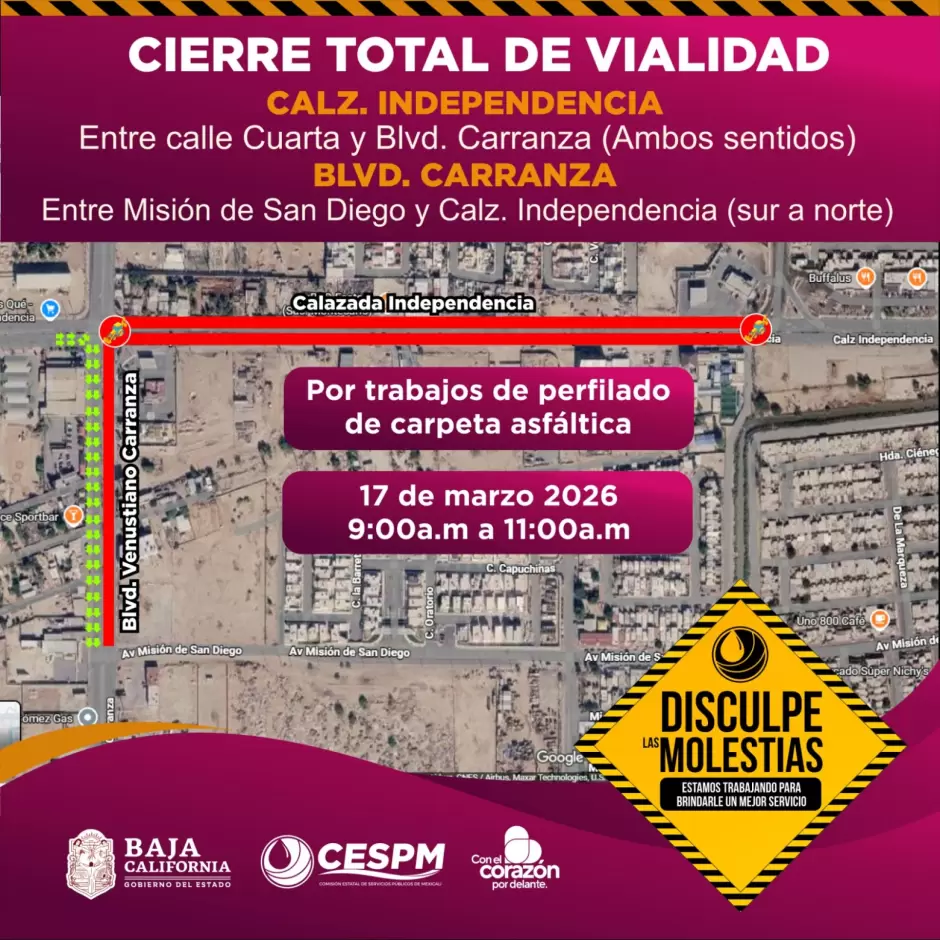 Cierre temporal de vialidades por trabajos de perfilado de carpeta asf�ltica