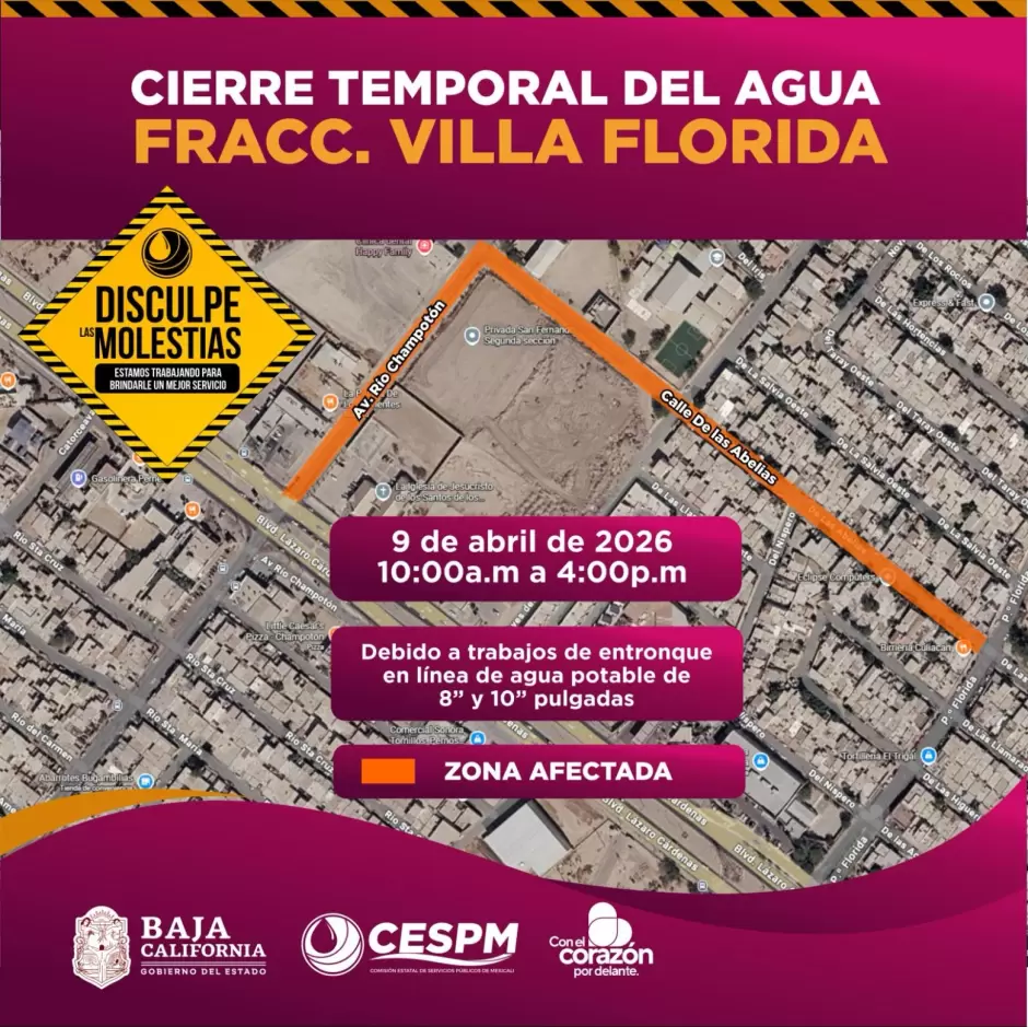 Cortes de agua y cierre vial en Mexicali por trabajos de infraestructura