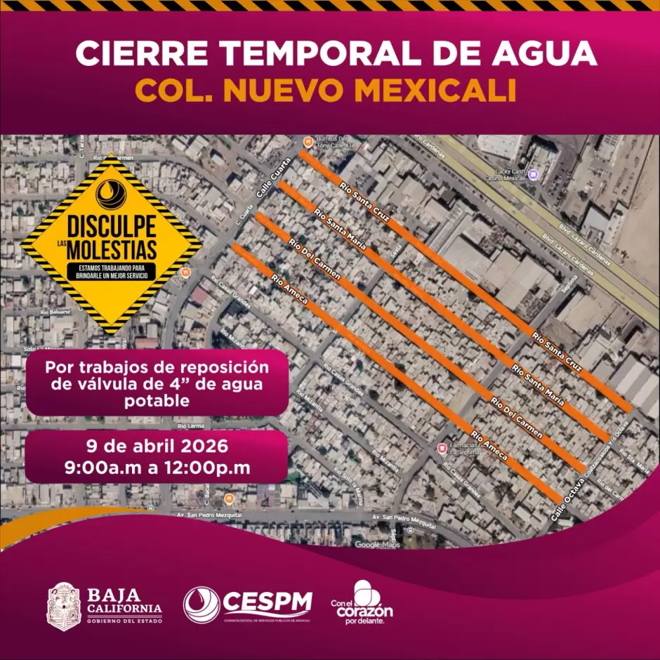 Cortes de agua y cierre vial en Mexicali por trabajos de infraestructura