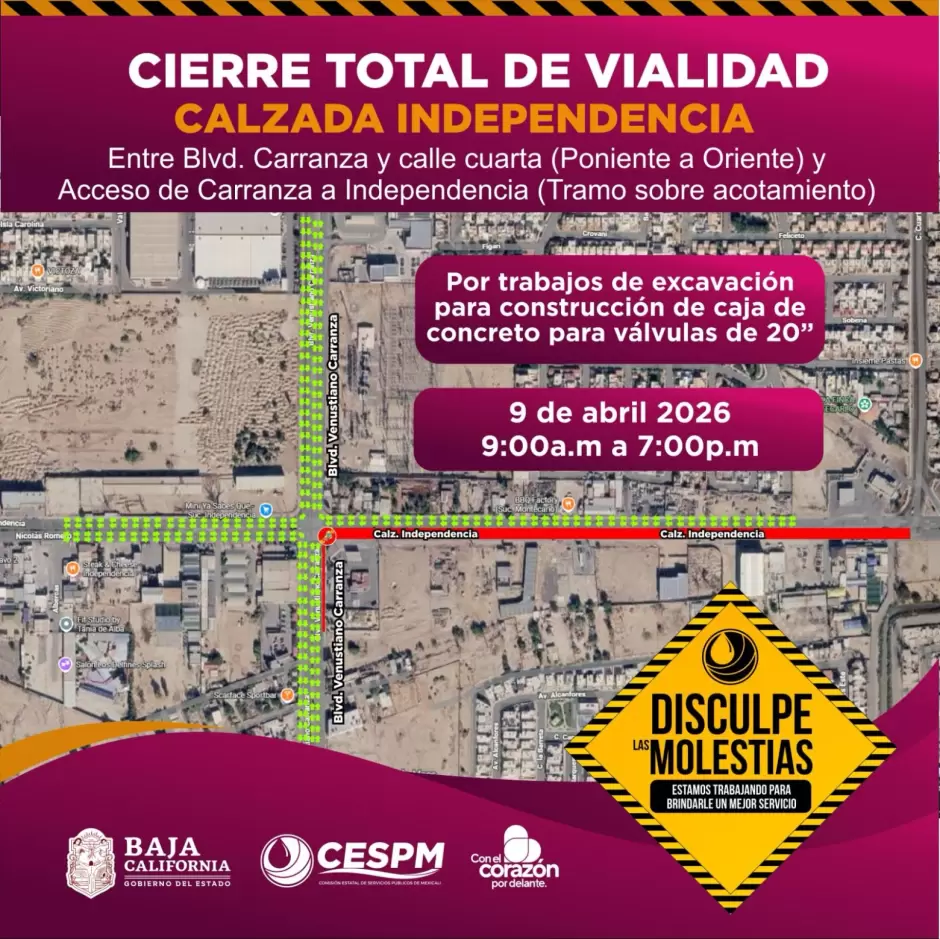 Cortes de agua y cierre vial en Mexicali por trabajos de infraestructura