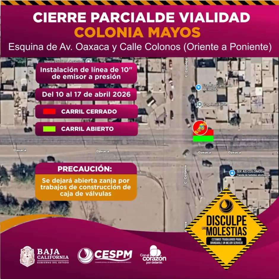 Cierres parciales por obras sanitarias en colonias de Mexicali