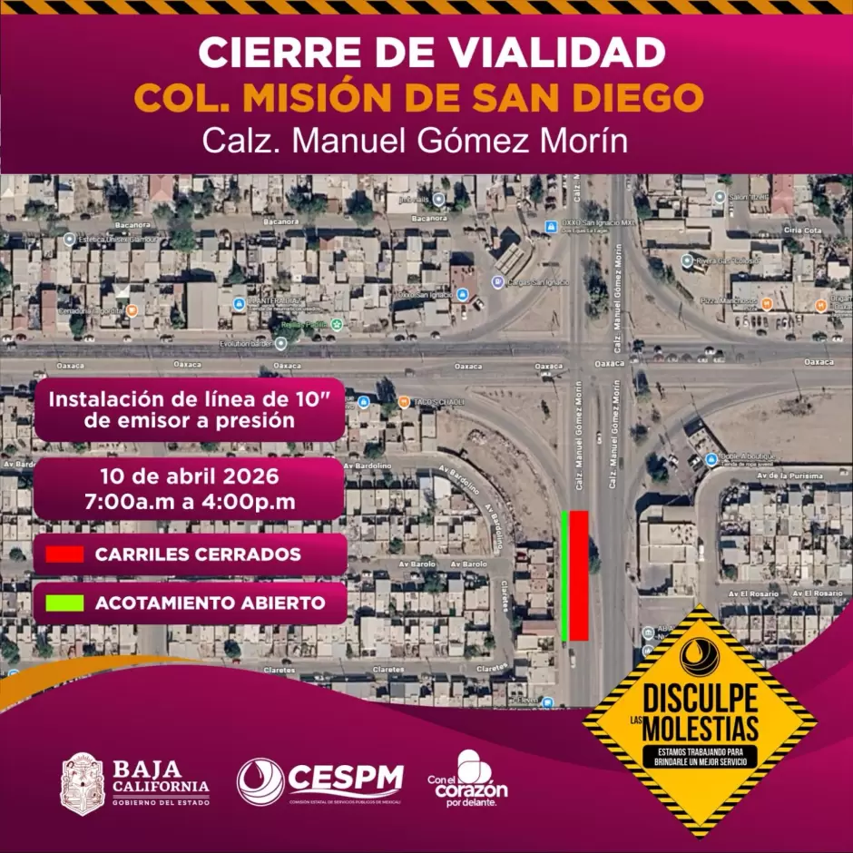 Cierres parciales por obras sanitarias en colonias de Mexicali