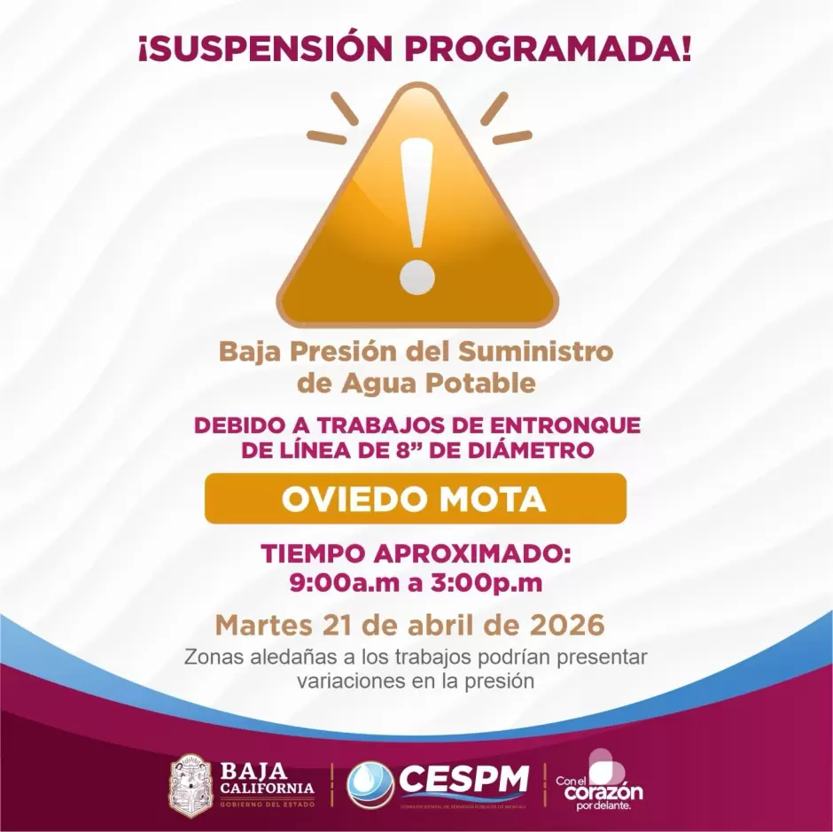 Suspensi�n temporal del servicio de agua en distintas colonias de Mexicali y el Valle
