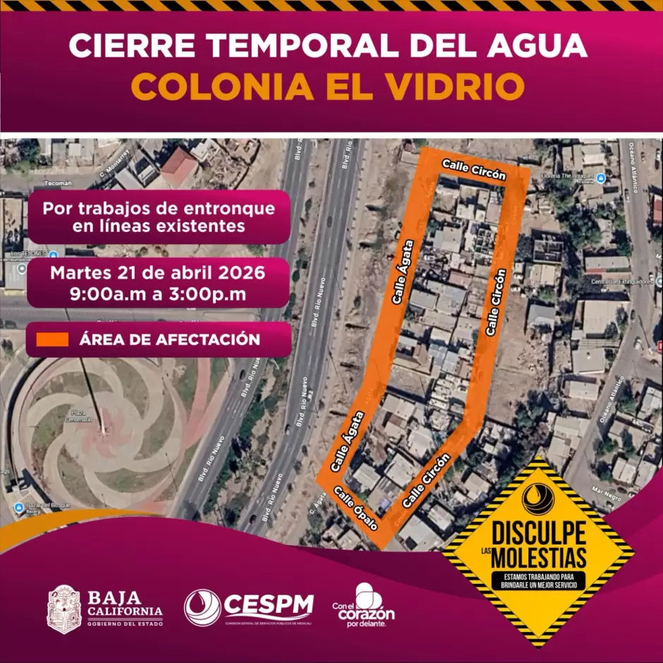 Suspensi�n temporal del servicio de agua en distintas colonias de Mexicali y el Valle