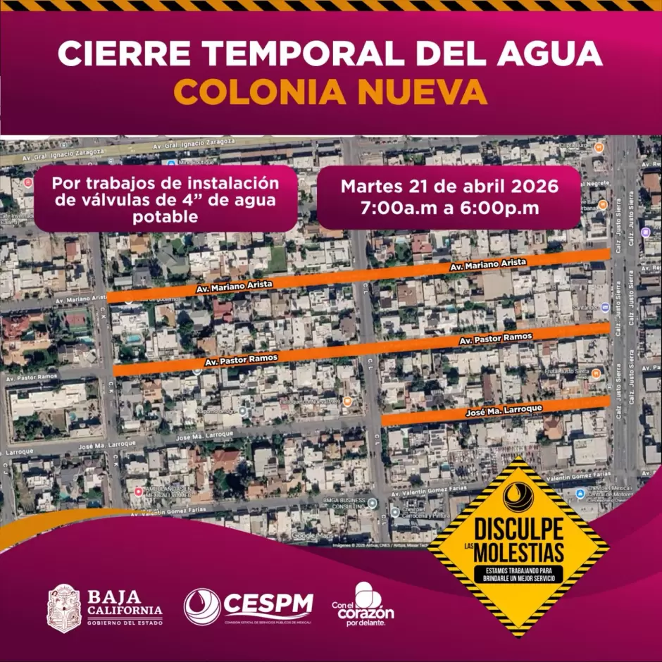 Suspensi�n temporal del servicio de agua en distintas colonias de Mexicali y el Valle