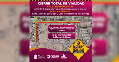 Cierre nocturno de vialidades por mantenimiento en Mexicali