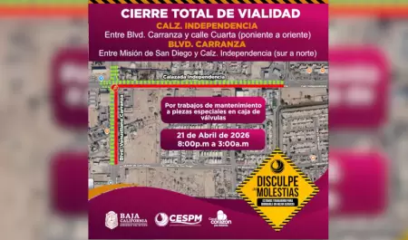 Cierre nocturno de vialidades por mantenimiento en Mexicali