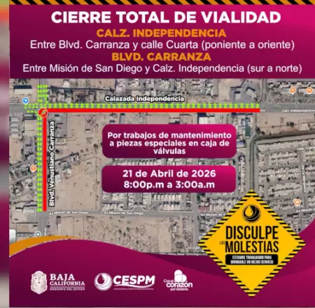 Cierre nocturno de vialidades por mantenimiento en Mexicali