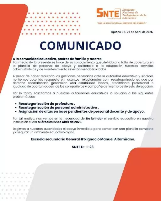 Secundaria 5 en Playas de Tijuana suspendi� actividades por falta de personal