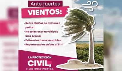 Presencia de vientos fuertes y lluvias dispersas en la entidad