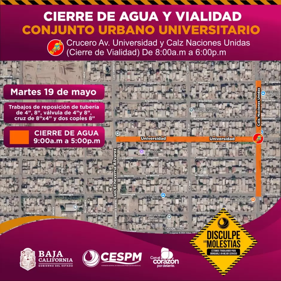 Cierre de agua y vialidad en Conjunto Urbano Universitario