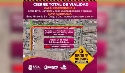 CESPM anuncia cierre nocturno en Calzada Independencia y bulevar Carranza por ob