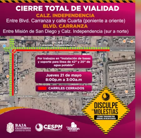 CESPM anuncia cierre nocturno en Calzada Independencia y bulevar Carranza por ob