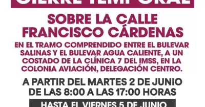 Anuncian cierres parciales en la colonia Aviaci�n por obras de bacheo y reencarp