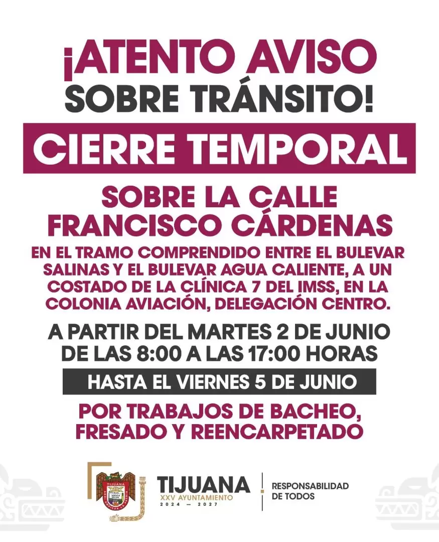 Anuncian cierres parciales en la colonia Aviación por obras de bacheo y reencarpetado