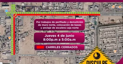 Cierre vial nocturno en calzada Independencia y bulevar Carranza